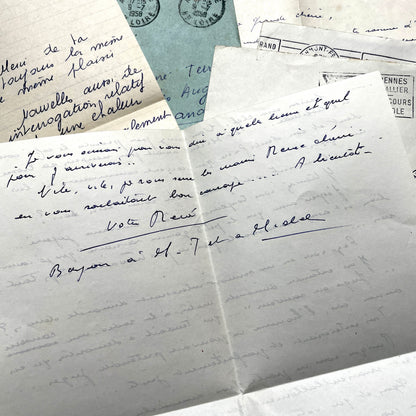 1950s French handwritten letters and envelopes with vintage stamps and postmarks, authentic paper ephemera.