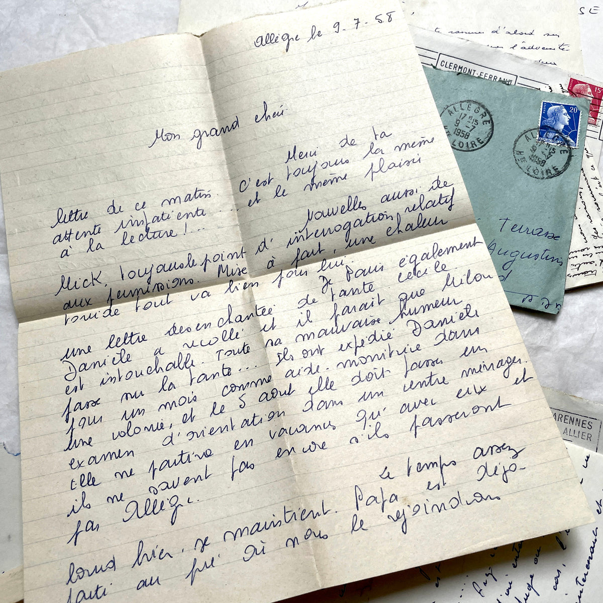 1950s French handwritten letters and envelopes with vintage stamps and postmarks, authentic paper ephemera.