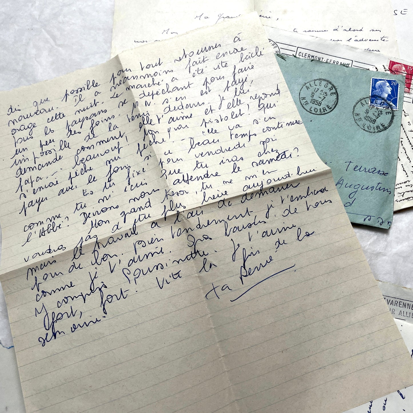 1950s French handwritten letters and envelopes with vintage stamps and postmarks, authentic paper ephemera.