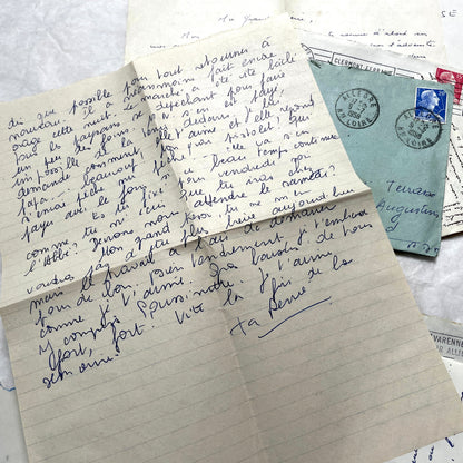 1950s French handwritten letters and envelopes with vintage stamps and postmarks, authentic paper ephemera.