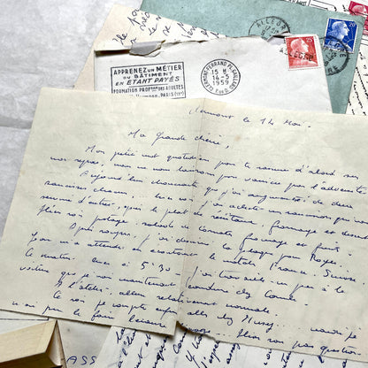 1950s French handwritten letters and envelopes with vintage stamps and postmarks, authentic paper ephemera.
