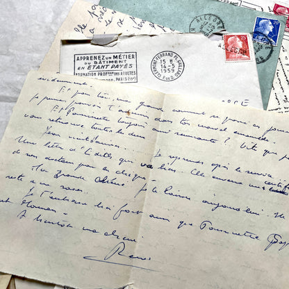 1950s French handwritten letters and envelopes with vintage stamps and postmarks, authentic paper ephemera.