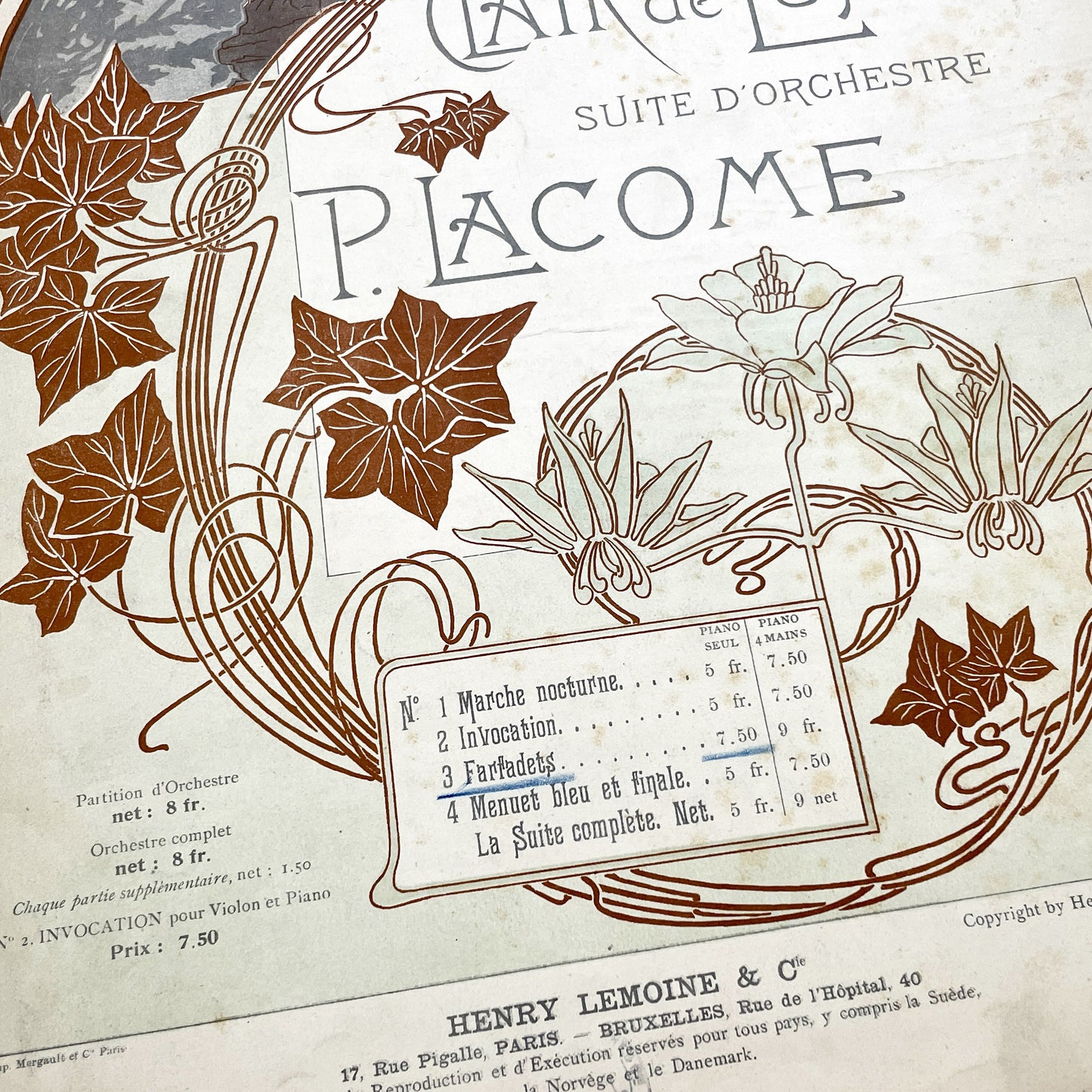 1900s - P. Lacome Clair de Lune Orchestral Suite Piano Transcription - 'Farfadets' Scherzo Music Score - Henry Lemoine Art Nouveau