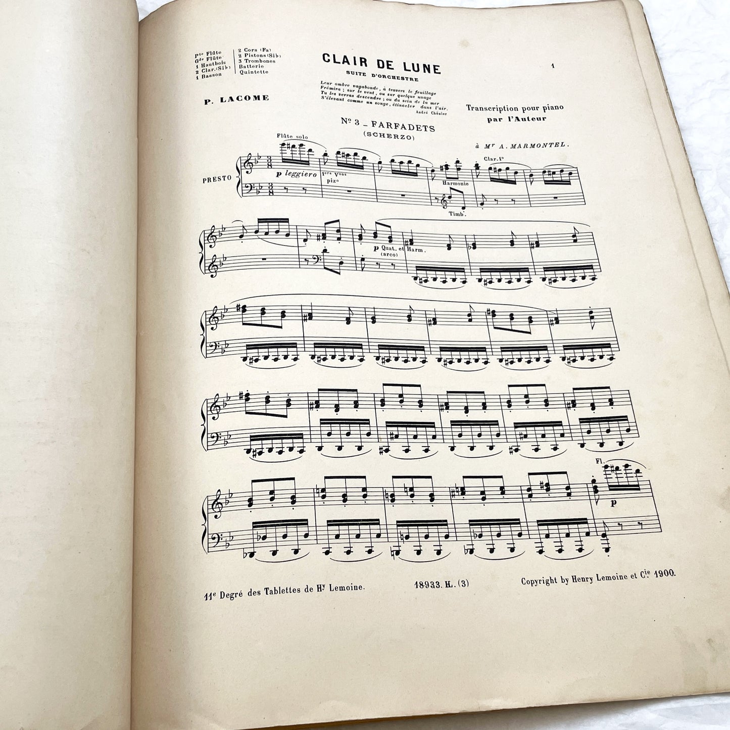 1900s - P. Lacome Clair de Lune Orchestral Suite Piano Transcription - 'Farfadets' Scherzo Music Score - Henry Lemoine Art Nouveau