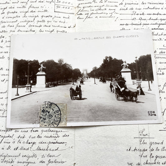 1910s - Vintage Paris Champs-Elysees Postcard - Arc de Triomphe View - Horse Carriages & Pedestrians - Antique Ephemera