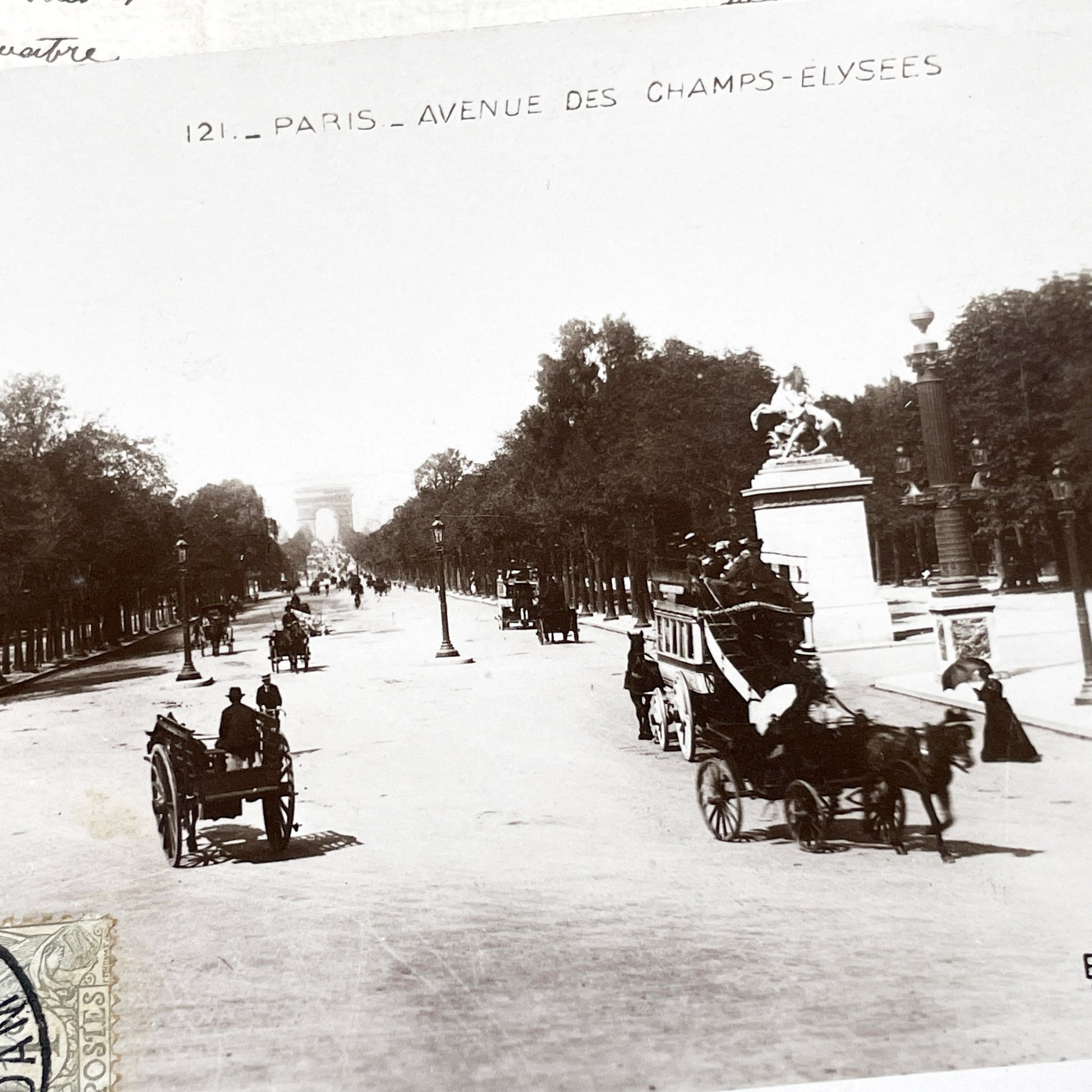 1910s - Vintage Paris Champs-Elysees Postcard - Arc de Triomphe View - Horse Carriages & Pedestrians - Antique Ephemera