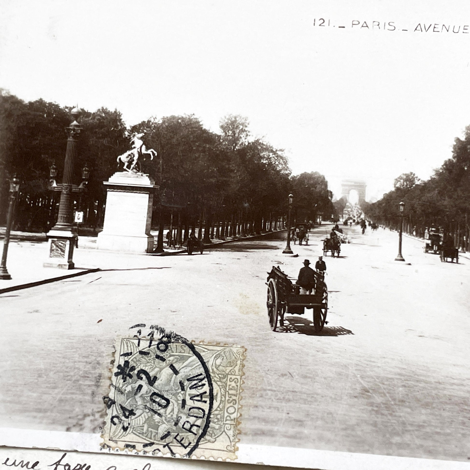 1910s - Vintage Paris Champs-Elysees Postcard - Arc de Triomphe View - Horse Carriages & Pedestrians - Antique Ephemera