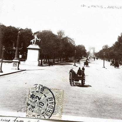 1910s - Vintage Paris Champs-Elysees Postcard - Arc de Triomphe View - Horse Carriages & Pedestrians - Antique Ephemera
