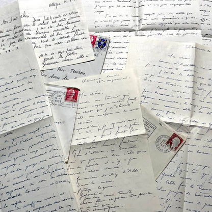 1950s French letters set with handwritten text, envelopes, and vintage postage stamps from Clermont-Ferrand.