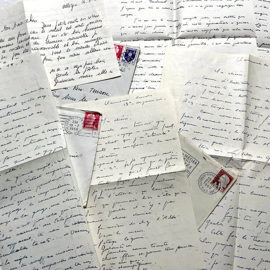 1950s French letters set with handwritten text, envelopes, and vintage postage stamps from Clermont-Ferrand.