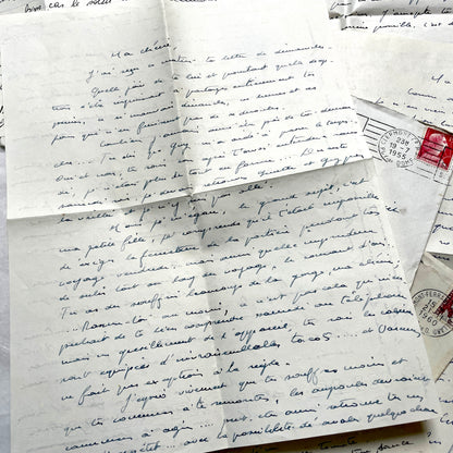 1950s French letters set with handwritten text, envelopes, and vintage postage stamps from Clermont-Ferrand.
