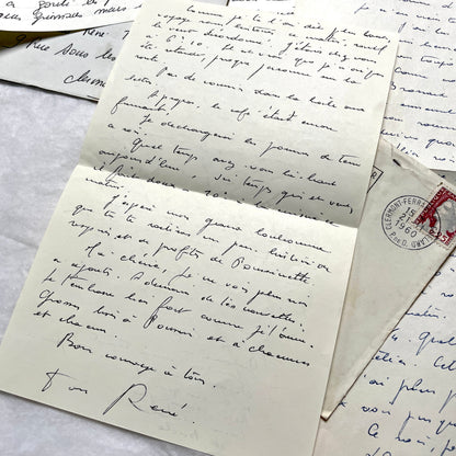 1950s French letters set with handwritten text, envelopes, and vintage postage stamps from Clermont-Ferrand.
