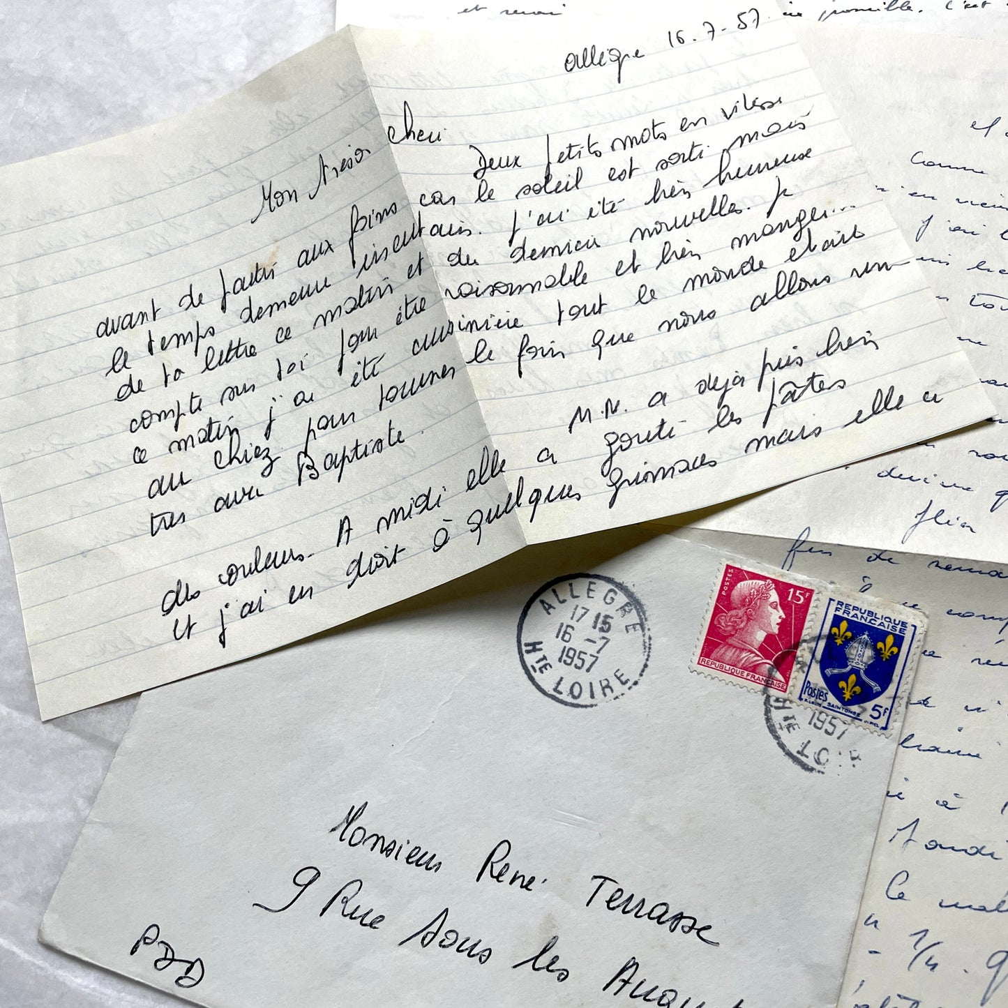 1950s French letters set with handwritten text, envelopes, and vintage postage stamps from Clermont-Ferrand.