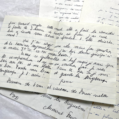 1950s French letters set with handwritten text, envelopes, and vintage postage stamps from Clermont-Ferrand.