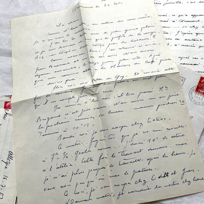 1950s French letters set with handwritten text, envelopes, and vintage postage stamps from Clermont-Ferrand.
