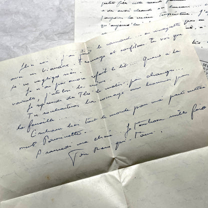 1950s French letters set with handwritten text, envelopes, and vintage postage stamps from Clermont-Ferrand.