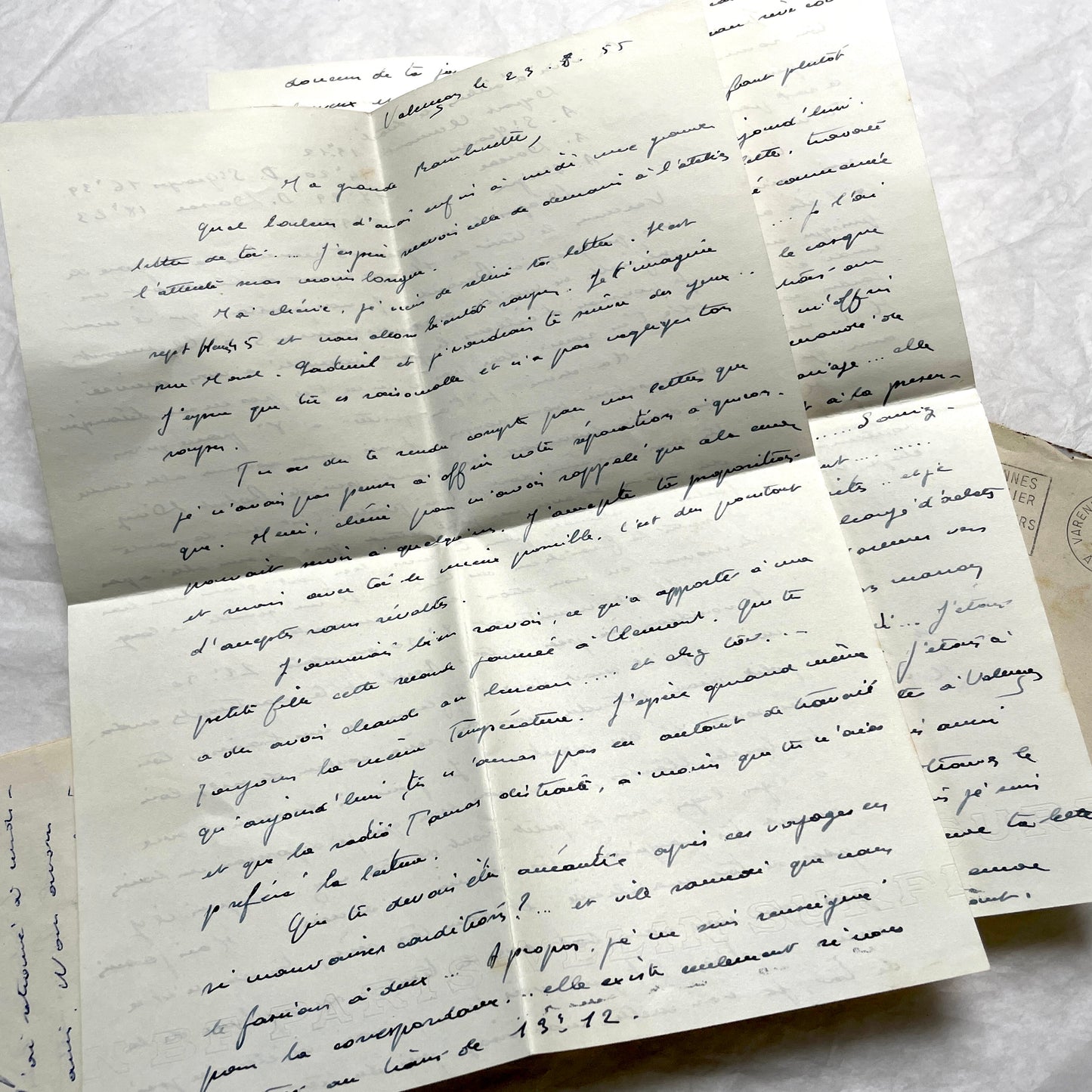 1950s French letters set with handwritten text, envelopes, and vintage postage stamps from Clermont-Ferrand.
