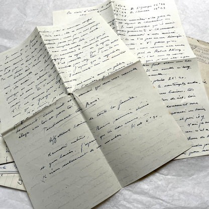 1950s French letters set with handwritten text, envelopes, and vintage postage stamps from Clermont-Ferrand.