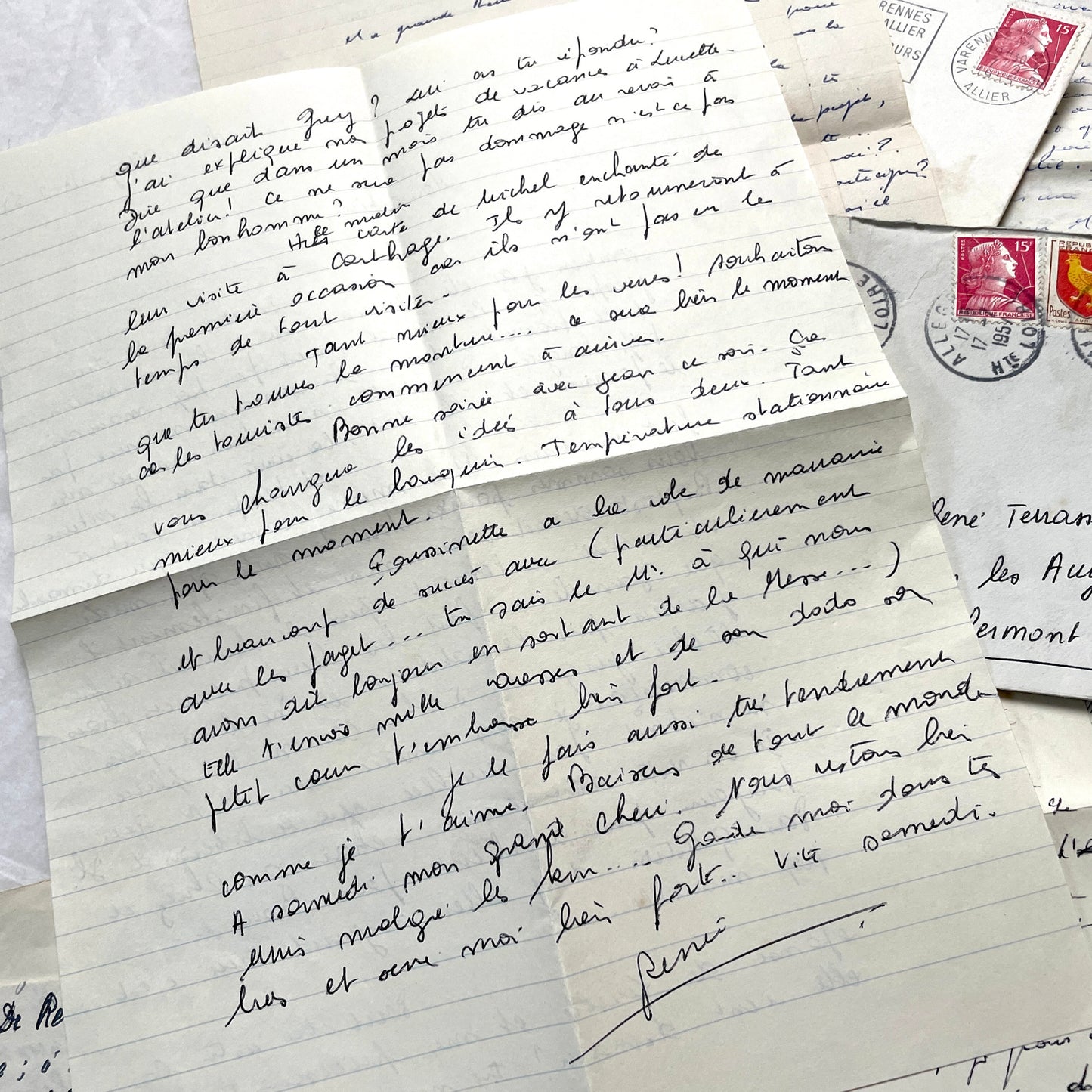 Set of 5 1950s French letters and envelopes with handwritten text and vintage stamps, historical correspondence ephemera.