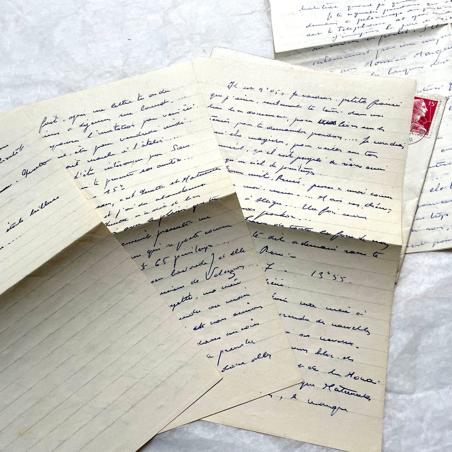 Set of 5 1950s French letters and envelopes with handwritten text and vintage stamps, historical correspondence ephemera.