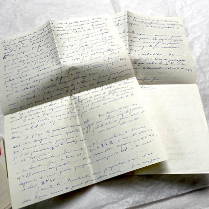 Set of 5 1950s French letters and envelopes with handwritten text and vintage stamps, historical correspondence ephemera.