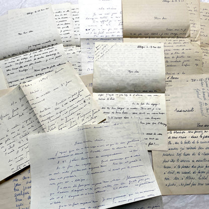 1950s French handwritten letters set with various penmanship styles and vintage paper textures.