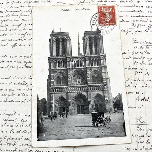 1910s - Vintage Postcard - Notre-Dame Cathedral Paris - Historic French Landmark - Gothic Architecture - Horse Carriage Scene