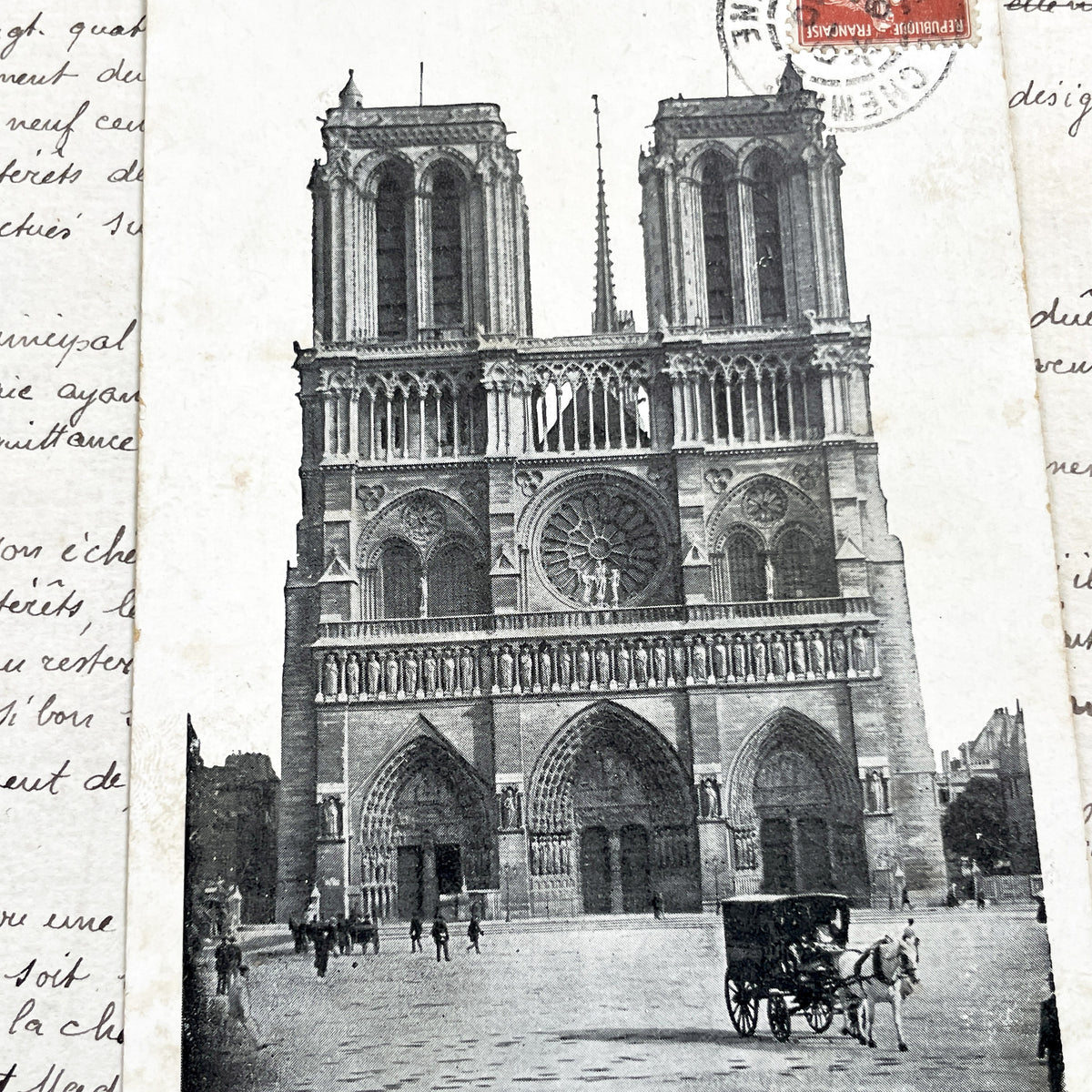 1910s - Vintage Postcard - Notre-Dame Cathedral Paris - Historic French Landmark - Gothic Architecture - Horse Carriage Scene