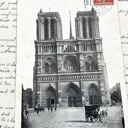 1910s - Vintage Postcard - Notre-Dame Cathedral Paris - Historic French Landmark - Gothic Architecture - Horse Carriage Scene