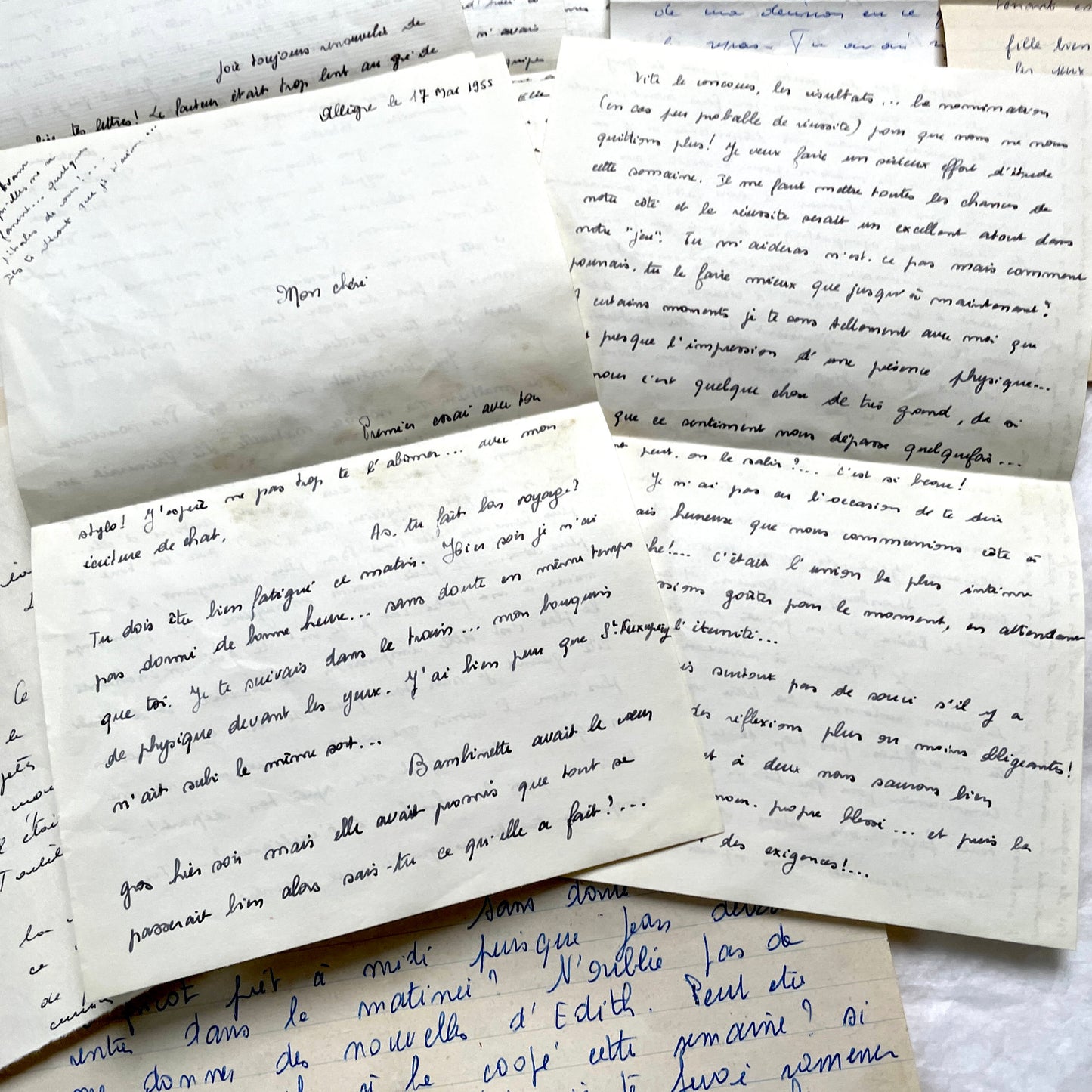 1950s French handwritten letters set with various penmanship styles and vintage paper textures.