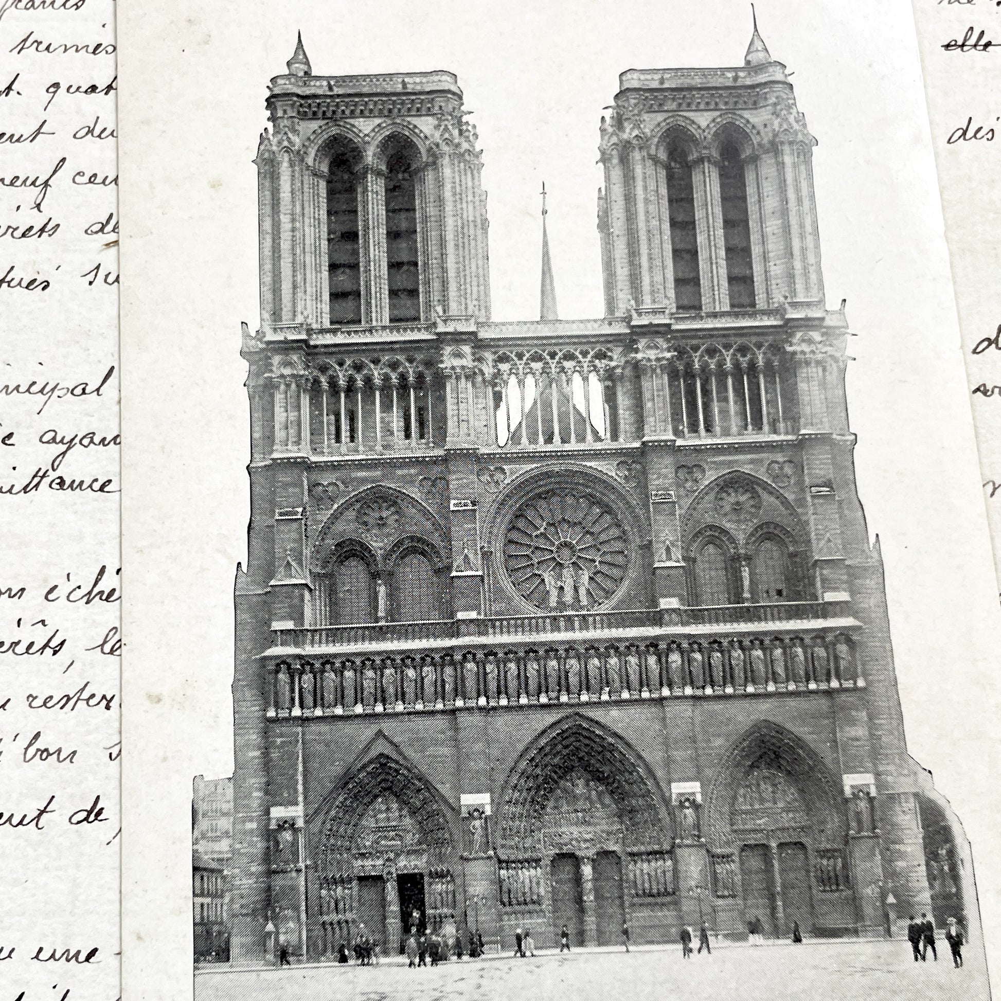1900s - Antique Notre Dame Paris Postcard - Vintage French Handwritten Document - Historic Parisian Cathedral Ephemera