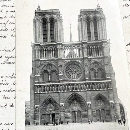 1900s - Antique Notre Dame Paris Postcard - Vintage French Handwritten Document - Historic Parisian Cathedral Ephemera