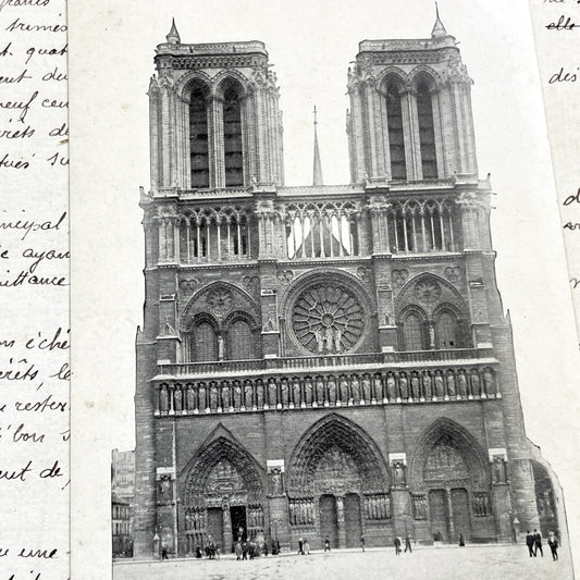 1900s - Antique Notre Dame Paris Postcard - Vintage French Handwritten Document - Historic Parisian Cathedral Ephemera