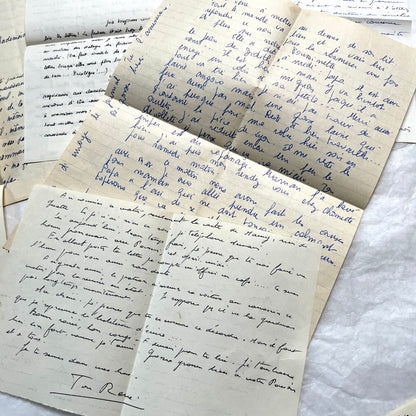 1950s French handwritten letters set with various penmanship styles and vintage paper textures.