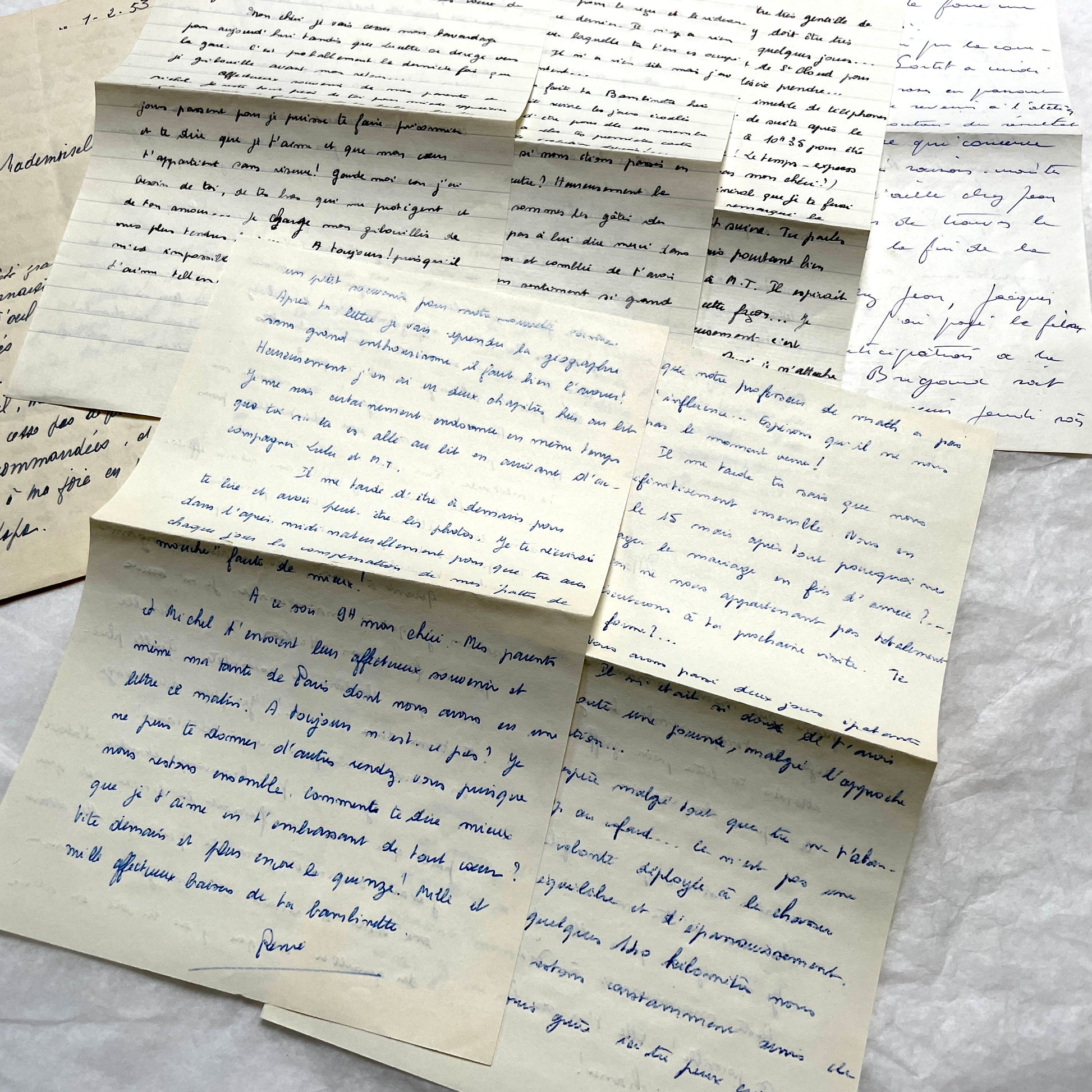 1950s French handwritten letters set with various penmanship styles and vintage paper textures.
