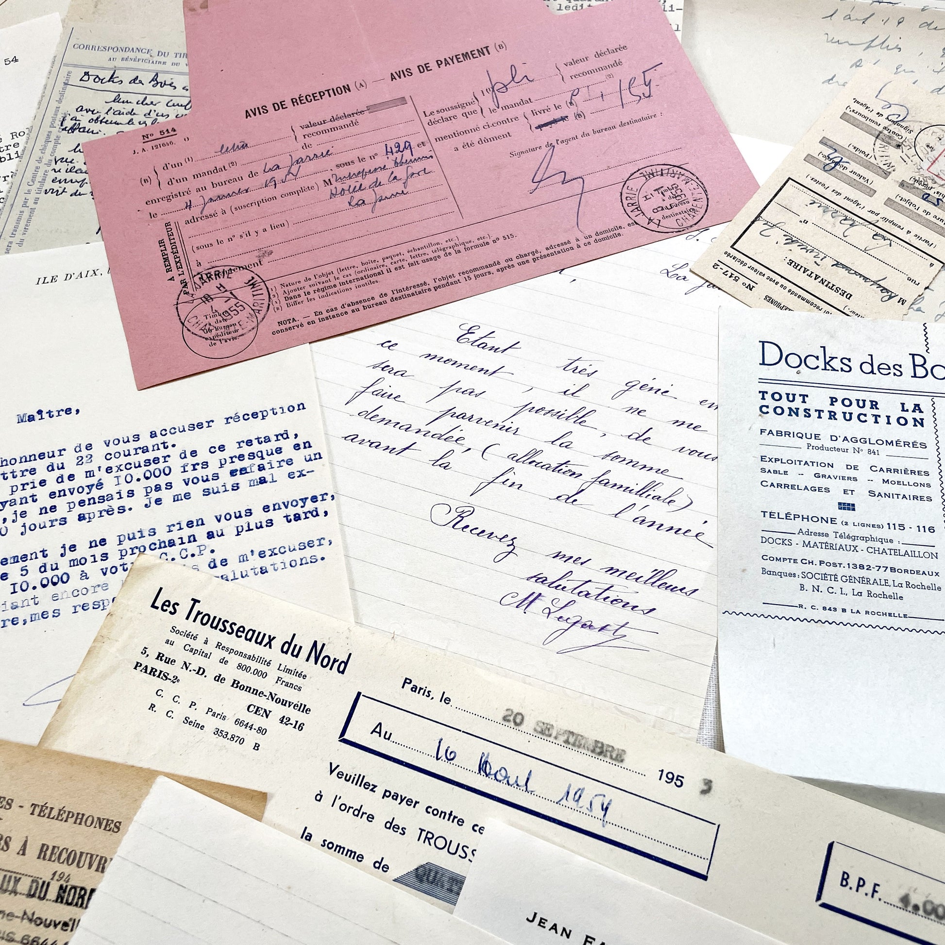 1950s - Vintage Ephemera Lot – French Letters, Invoices & Legal Documents from Notary Archive
