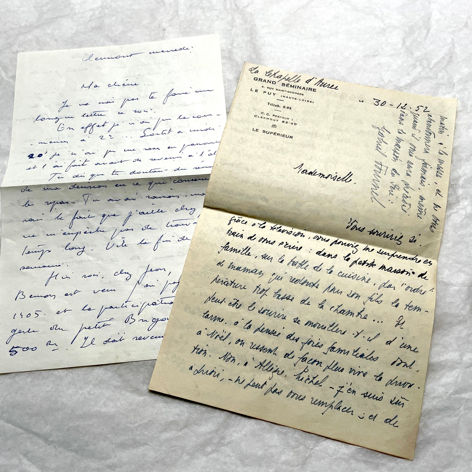 1950s French handwritten letters set with various penmanship styles and vintage paper textures.