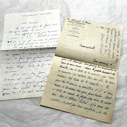 1950s French handwritten letters set with various penmanship styles and vintage paper textures.
