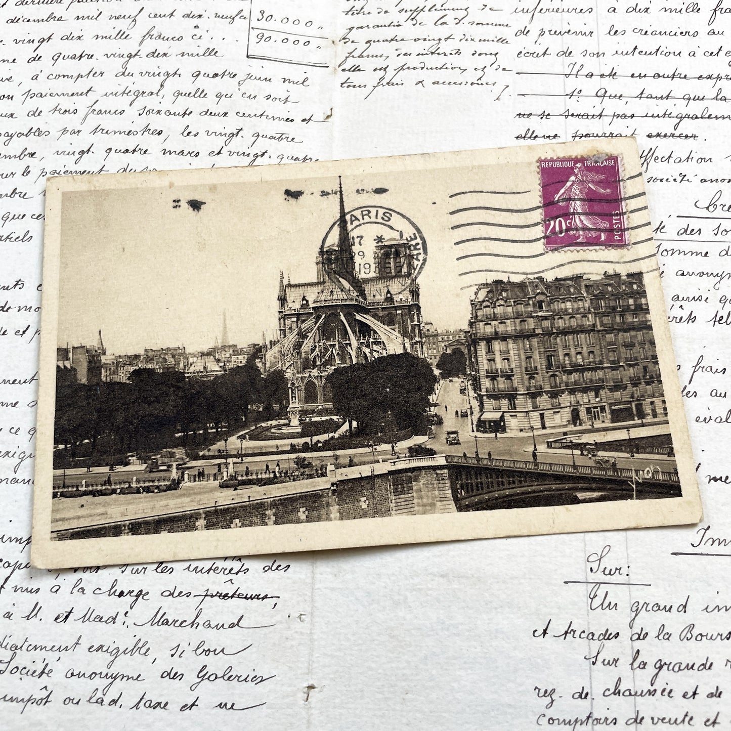 1930s - Historic Paris Postcard - Notre Dame Cathedral View - Seine River Bridge - Vintage French - Antique Parisian Ephemera Collectible