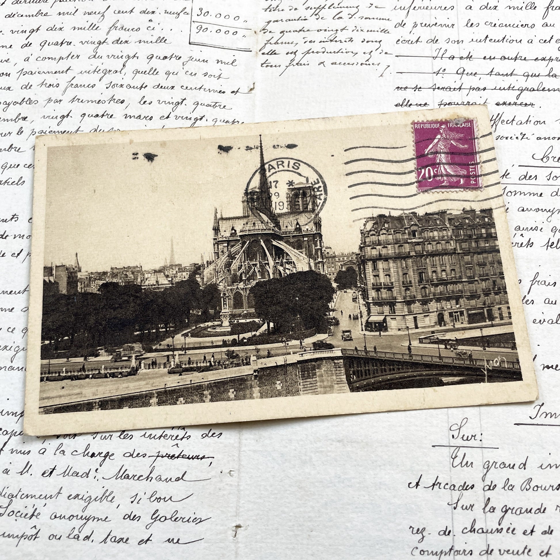 1930s - Historic Paris Postcard - Notre Dame Cathedral View - Seine River Bridge - Vintage French - Antique Parisian Ephemera Collectible