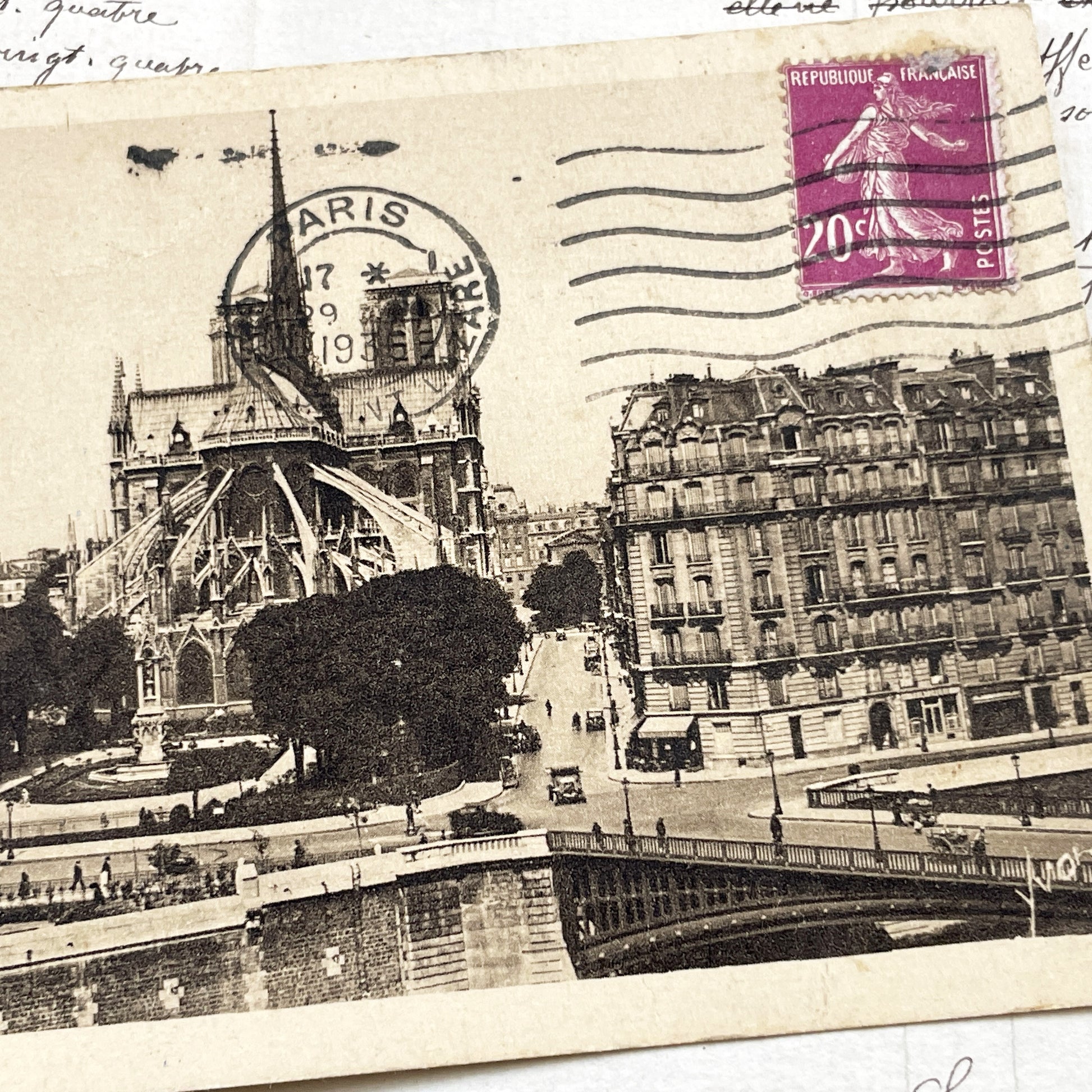 1930s - Historic Paris Postcard - Notre Dame Cathedral View - Seine River Bridge - Vintage French - Antique Parisian Ephemera Collectible