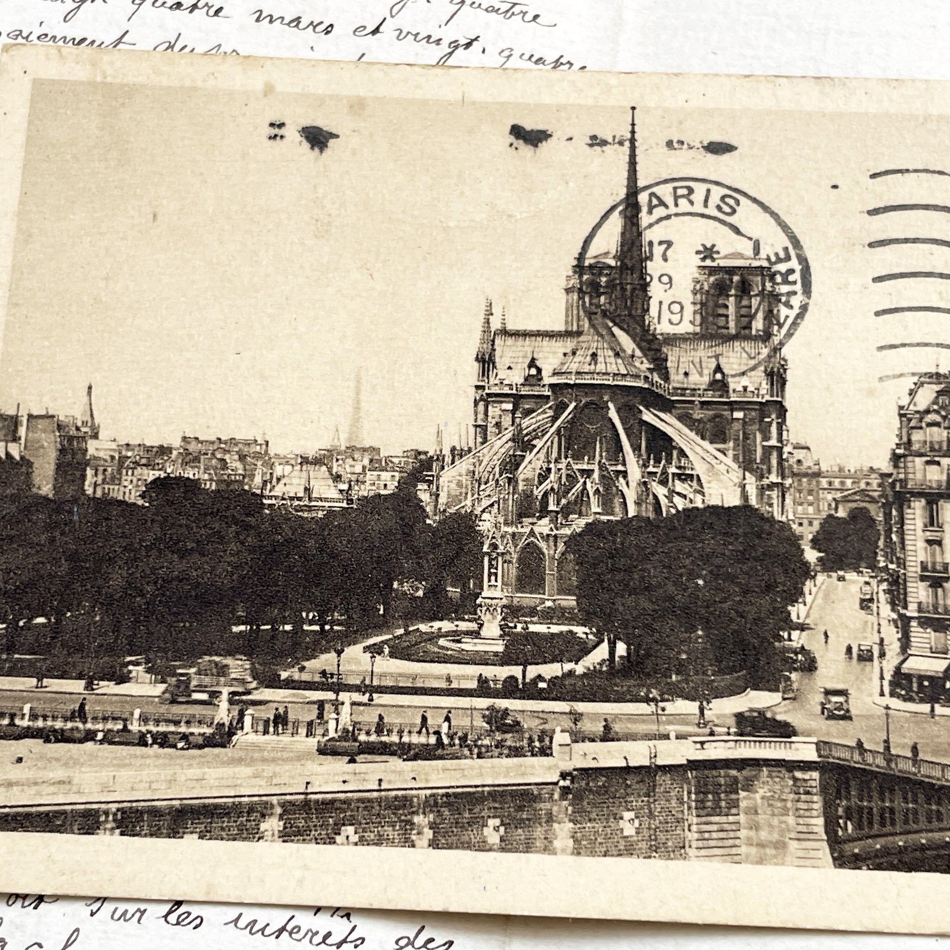 1930s - Historic Paris Postcard - Notre Dame Cathedral View - Seine River Bridge - Vintage French - Antique Parisian Ephemera Collectible