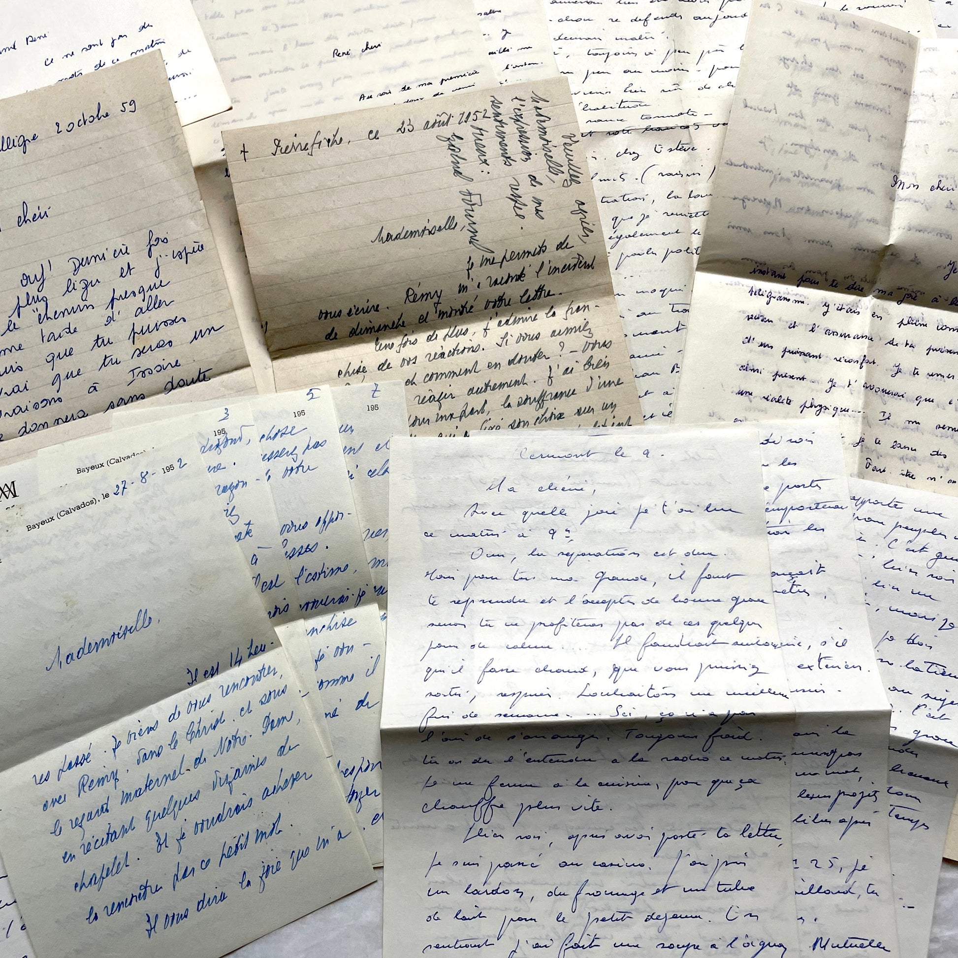 Set of 10 handwritten French letters from the 1950s, featuring various vintage paper and cursive script.