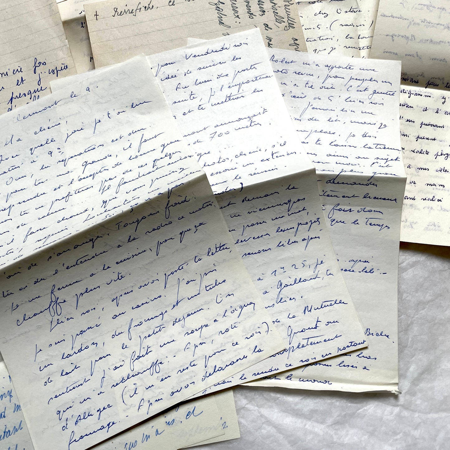 Set of 10 handwritten French letters from the 1950s, featuring various vintage paper and cursive script.