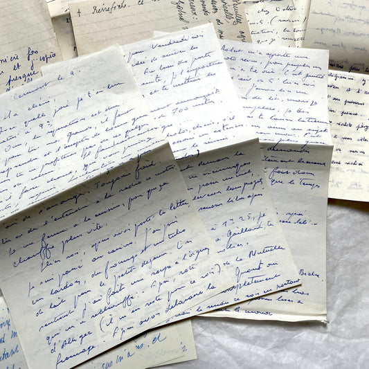 Set of 10 handwritten French letters from the 1950s, featuring various vintage paper and cursive script.