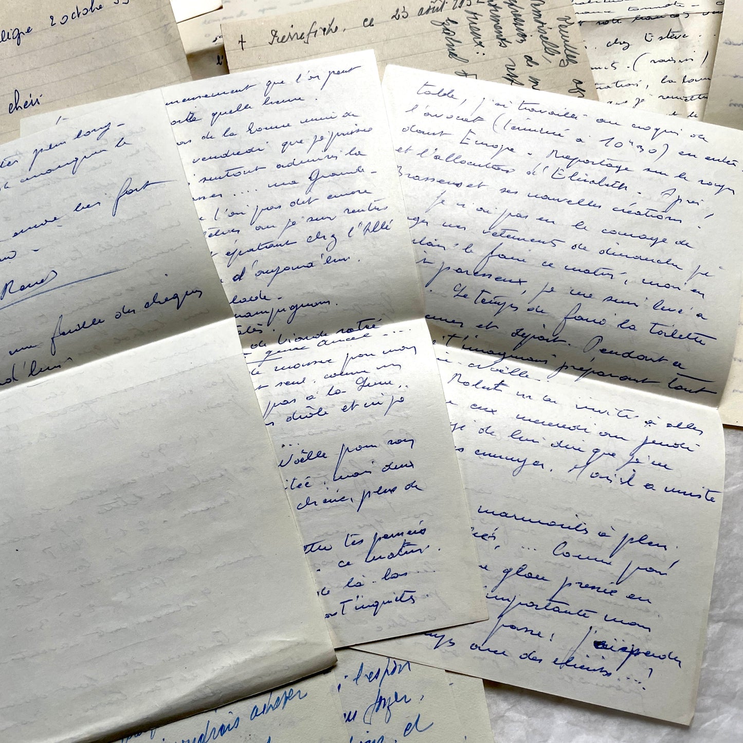 Set of 10 handwritten French letters from the 1950s, featuring various vintage paper and cursive script.