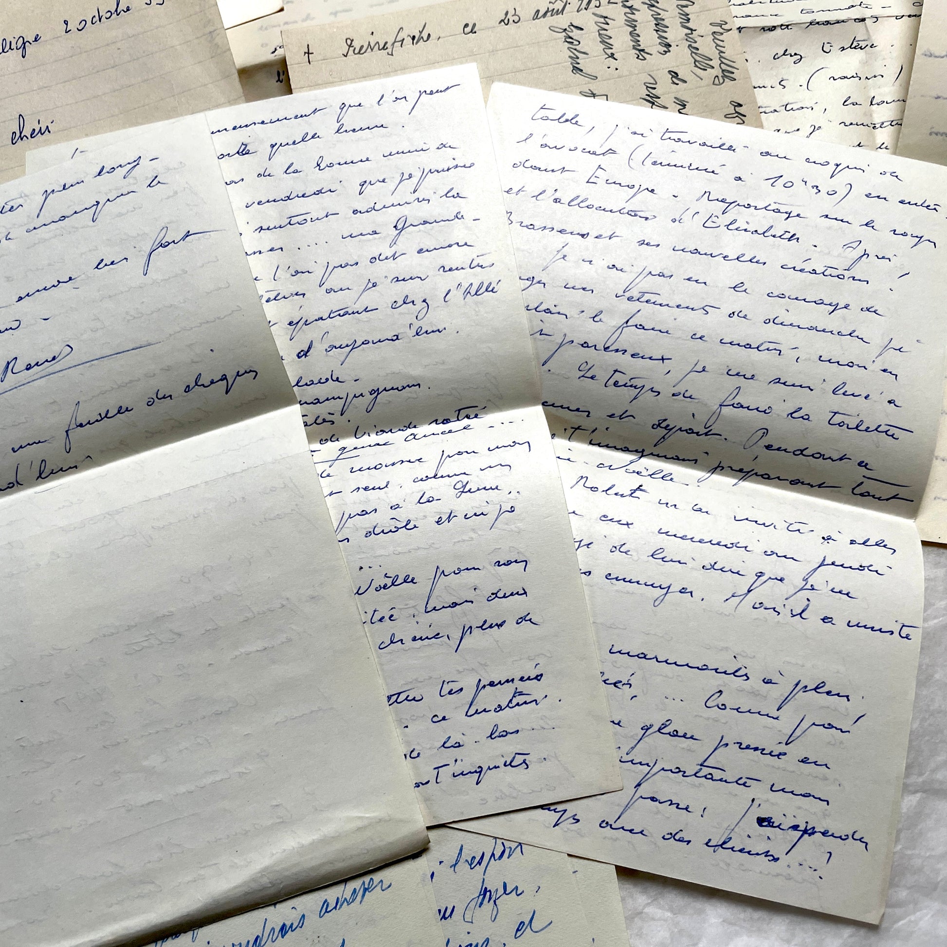 Set of 10 handwritten French letters from the 1950s, featuring various vintage paper and cursive script.