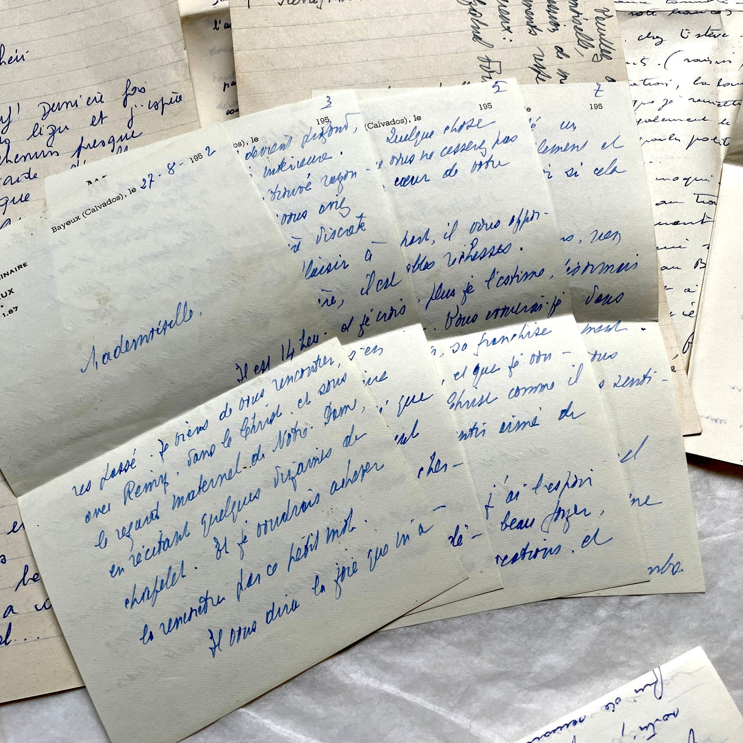 Set of 10 handwritten French letters from the 1950s, featuring various vintage paper and cursive script.