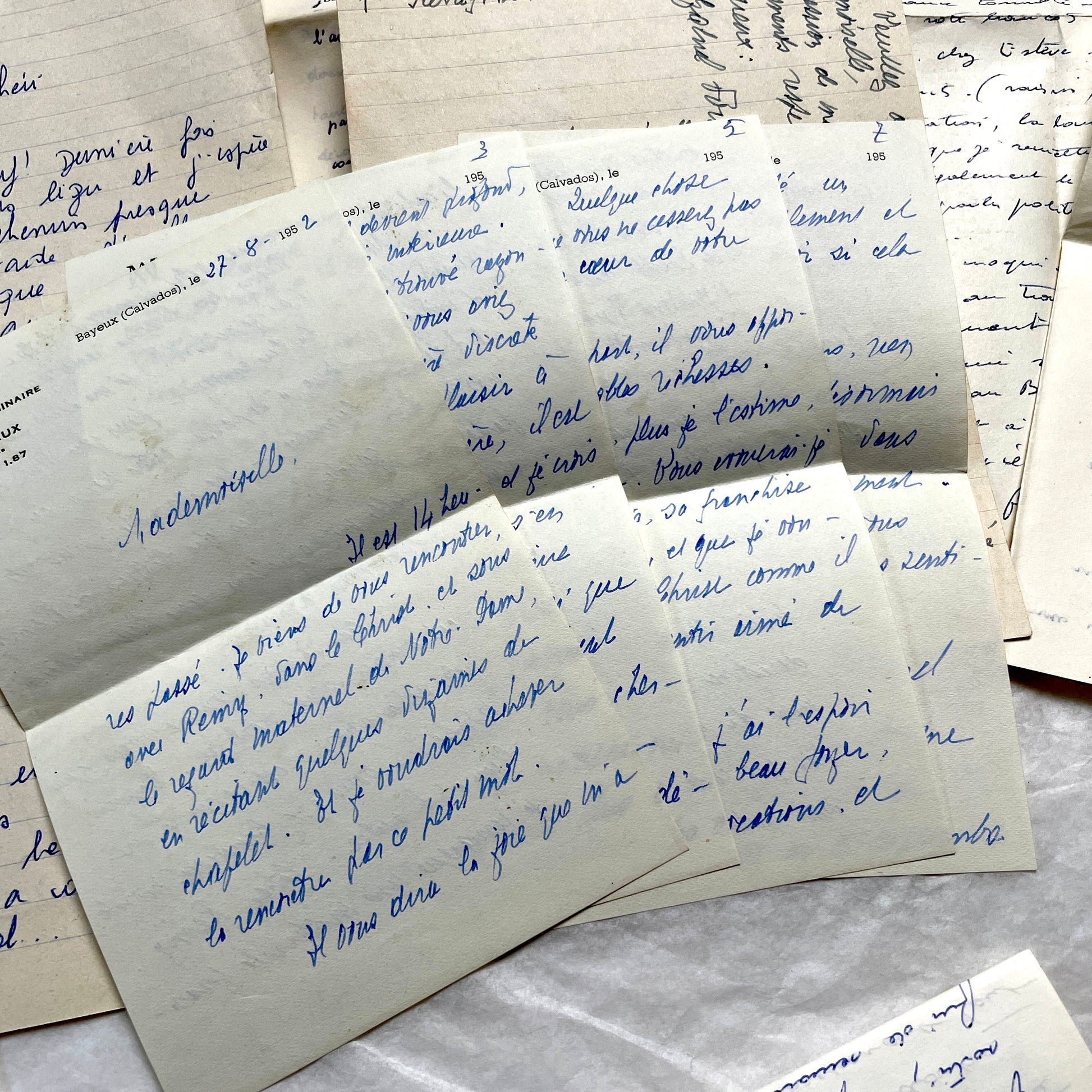 Set of 10 handwritten French letters from the 1950s, featuring various vintage paper and cursive script.