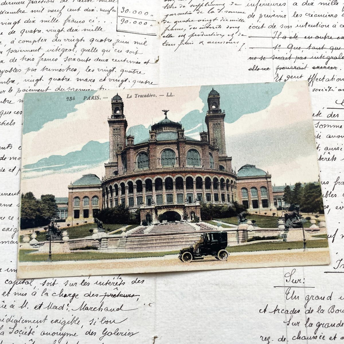 1910s - Historic Paris Trocadéro Palace Postcard - Vintage French Architecture - Belle Époque Automobile - Parisian Landmark Scene